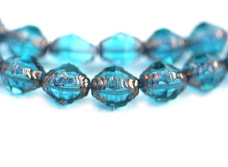 8x6mm Blue Bicone czech glass beads, Old Gold wash fire polished beads - 15Pc