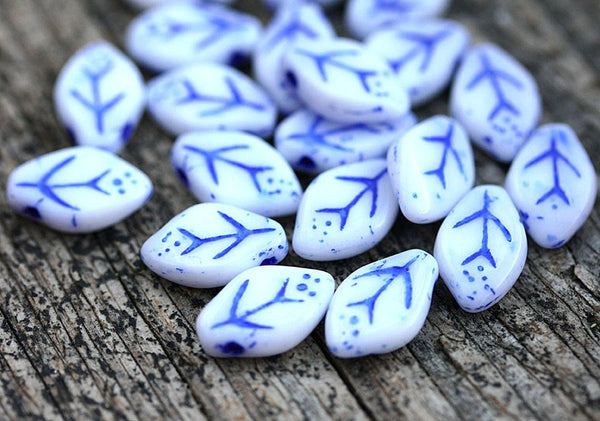 12x7mm White Leaf beads Blue Inlays Czech glass - 25Pc
