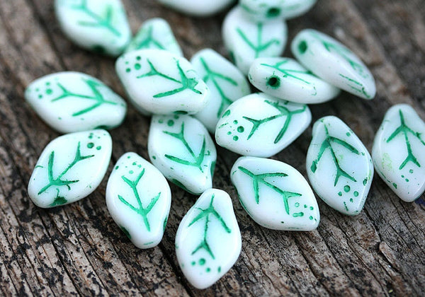 12x7mm White Leaf beads, Green Inlays, White Green Czech glass - 25Pc