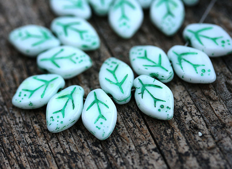 12x7mm White Leaf beads, Green Inlays, White Green Czech glass - 25Pc