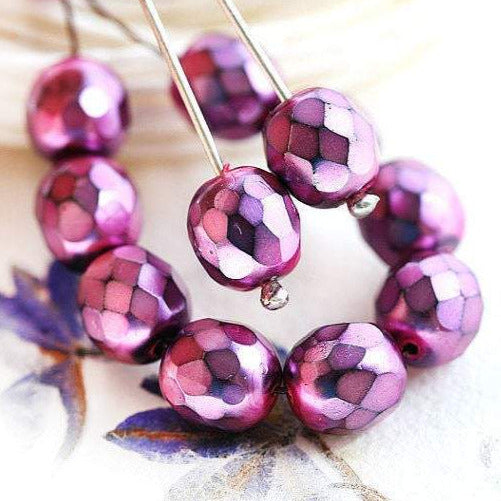 8mm Purple Pink czech glass beads, Fire polished faux pearl coating - 15Pc