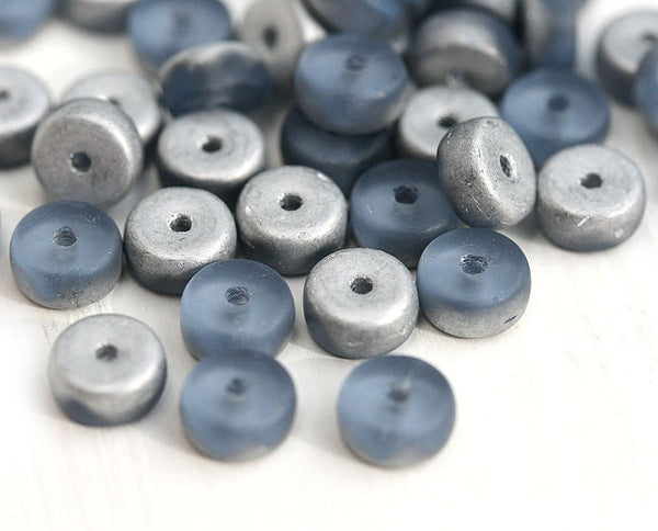 40Pc Blue and Silver Rondelle  czech glass beads, Montana Blue - 6x3mm