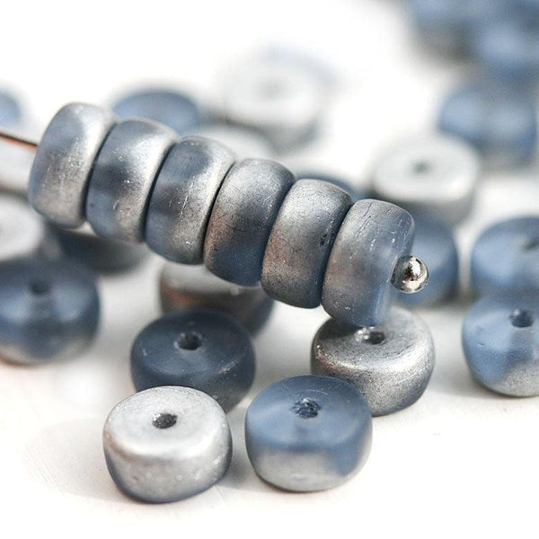 40Pc Blue and Silver Rondelle  czech glass beads, Montana Blue - 6x3mm