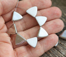 13mm Triangle, White and Silver side drilled glass beads - 15Pc