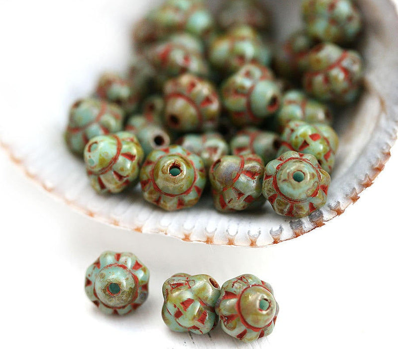 6mm Fancy small bicone Turquoise with Picasso finish glass spacer beads 30pc