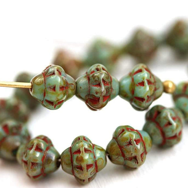 6mm Fancy small bicone Turquoise with Picasso finish glass spacer beads 30pc