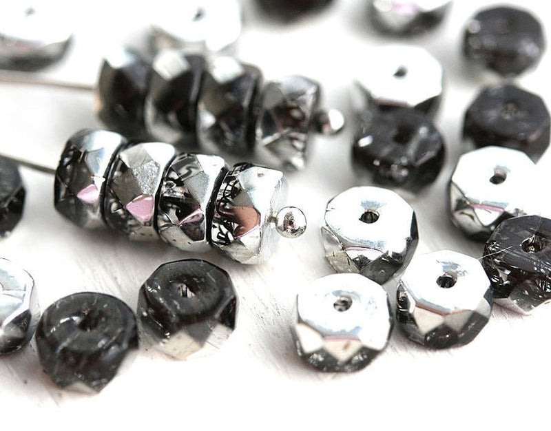 Black Silver Rondelle beads, fire polished czech glass faceted spacers