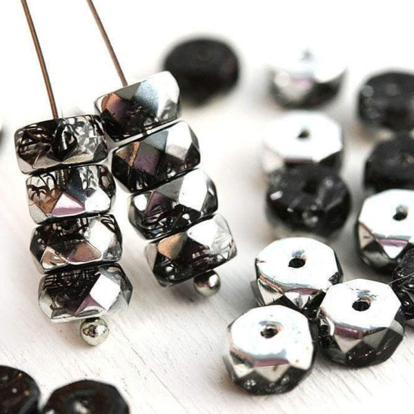 Black Silver Rondelle beads, fire polished czech glass faceted spacers