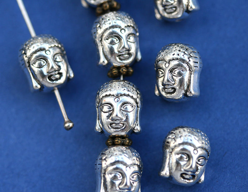 6pc Buddha face metal beads, Tibetan style Antique Silver