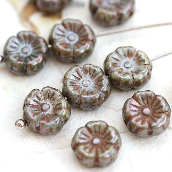 8mm Picasso Flower beads, Rustic Grey Green, Mother of pearl shine 12pc