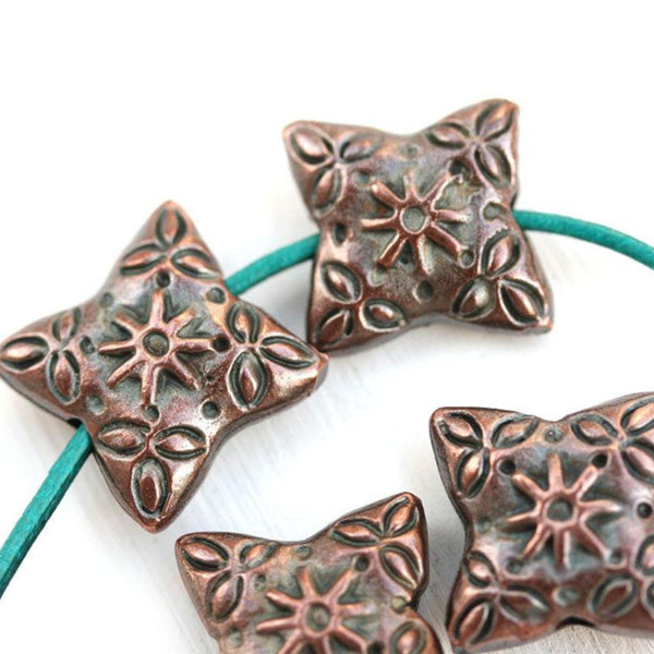 14mm Copper Pillow shape beads, Flower Ornament