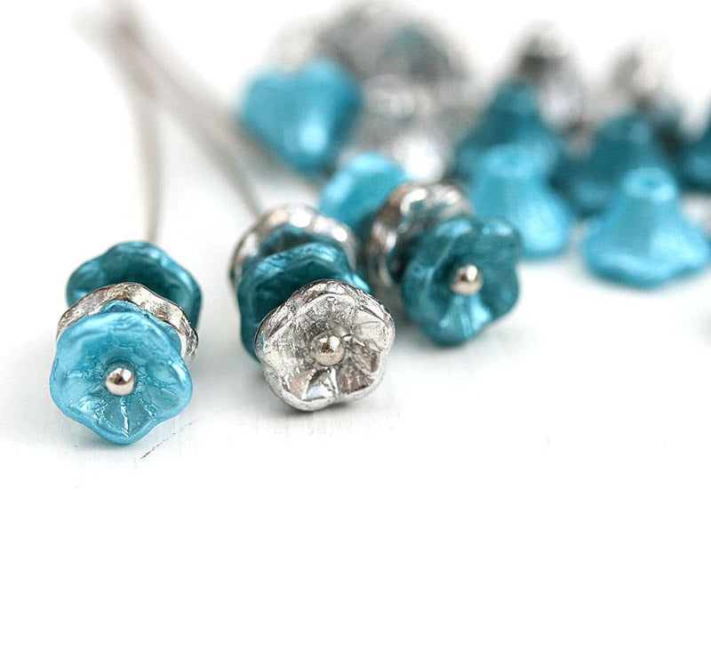 7x5mm Blue Silver Flower Cups beads Mix, Czech glass beads - 25Pc