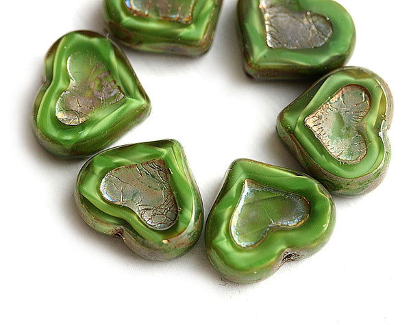 14mm Green Heart, Picasso czech glass beads, table cut - 6Pc