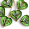 14mm Transparent Green Heart glass beads Picasso finish - 6Pc