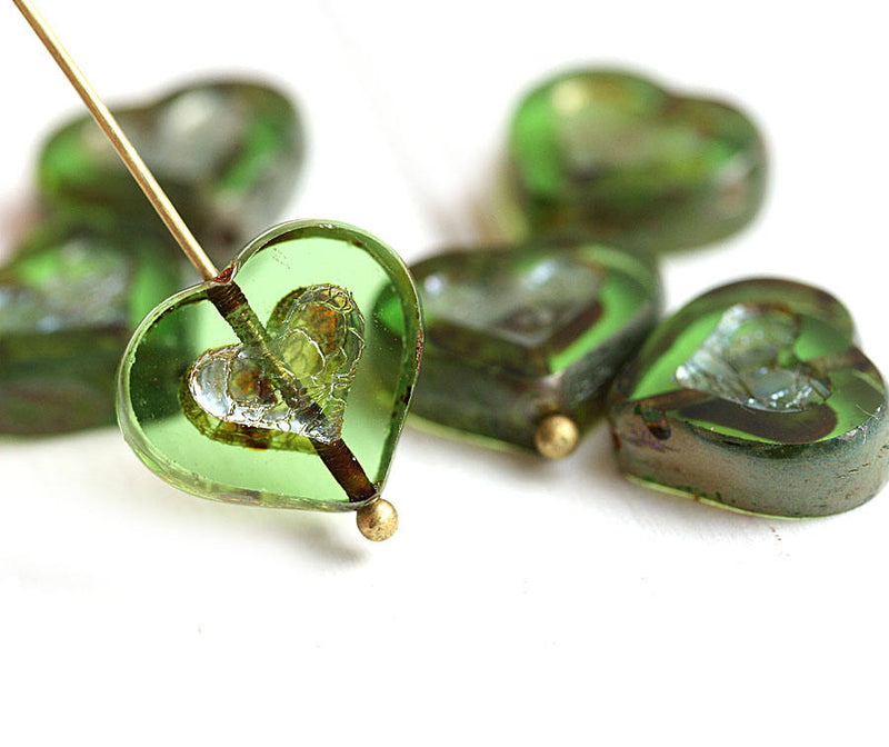 14mm Transparent Green Heart glass beads Picasso finish - 6Pc
