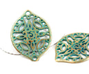 2pc Brass Filigree Boho charms, Green Patina Openwork connector