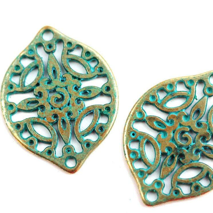2pc Brass Filigree Boho charms, Green Patina Openwork connector