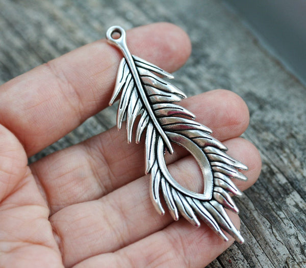 70mm Long antique silver peacock feather pendant