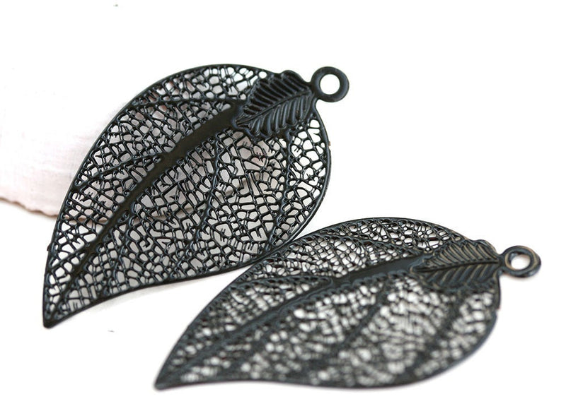 2pc Black Filigree Leaf charms, Thin Laser cut stamping