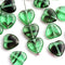 10mm Striped Green Heart czech glass pressed beads - 20Pc