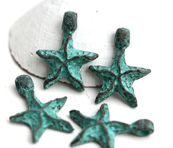4pc Sea star charms 22mm, Green patina