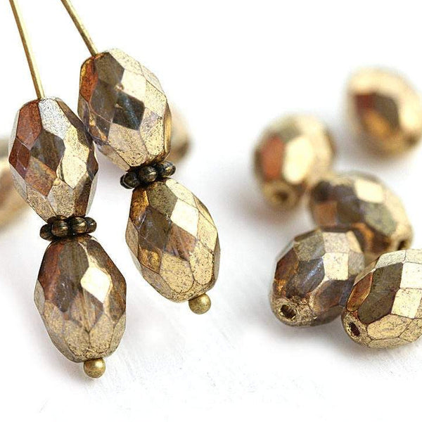 11x7mm Golden olive shaped czech glass beads, fire polished oval beads - 6Pc