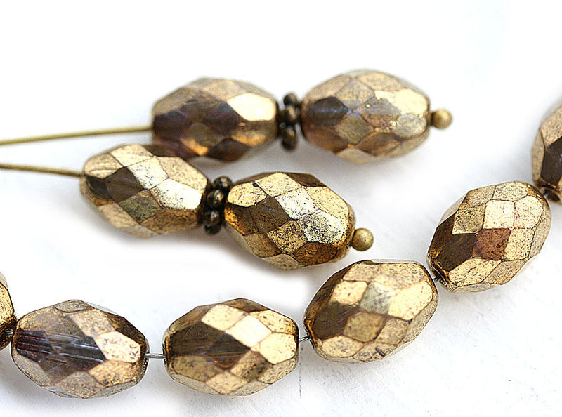 11x7mm Golden olive shaped czech glass beads, fire polished oval beads - 6Pc