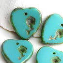 17mm Turquoise Green Heart Czech glass beads with flower - 4pc