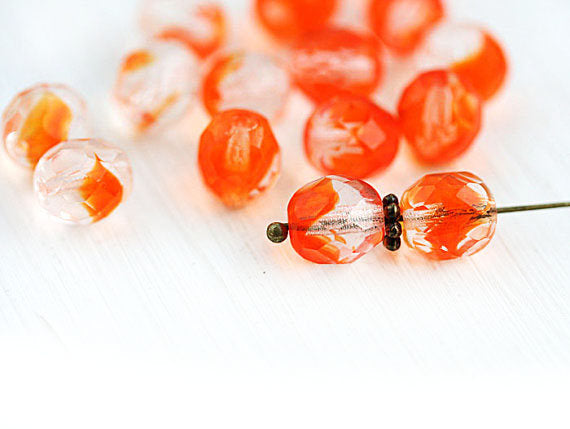 8mm Czech round Crystal Clear and Orange fire polished faceted round beads - 15Pc