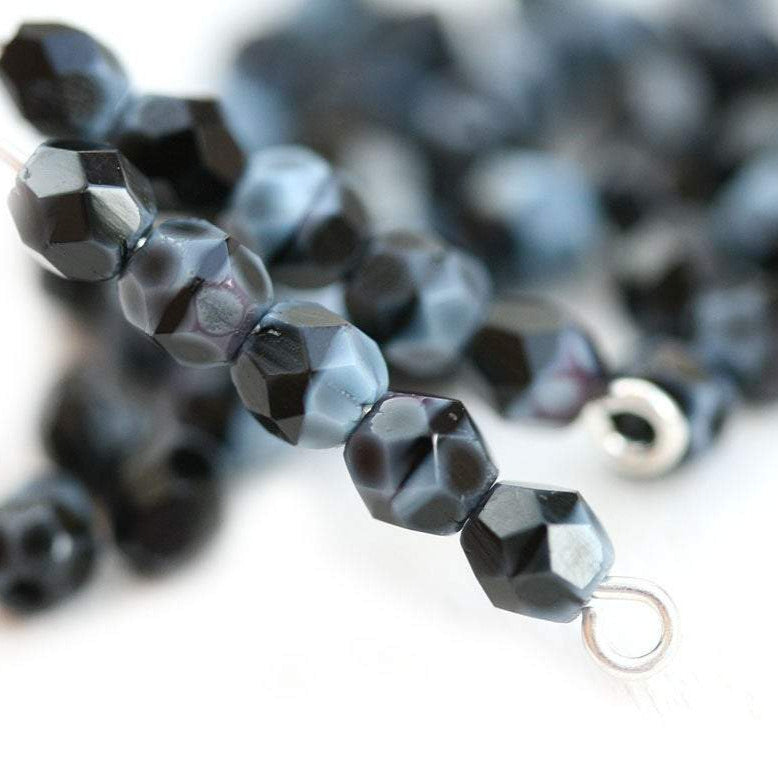 4mm Marbled Blue and Black czech glass fire polished beads - 50Pc