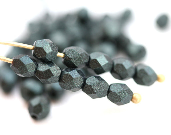 4mm Dark Green glass beads, Metallic Suede czech beads - 50Pc