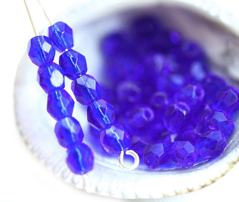 4mm Cobalt blue fire polished czech glass beads - 50Pc