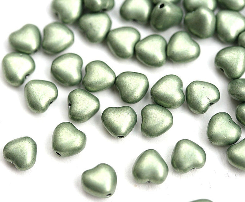 6mm Metallic Green Heart, Green coated Czech Glass beads - 50pc