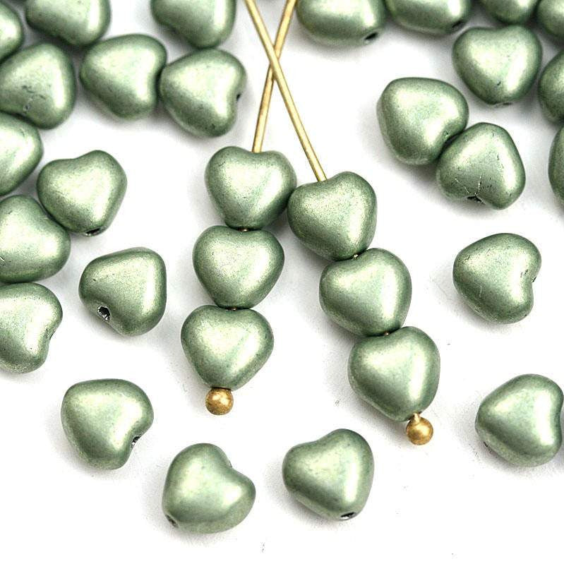 6mm Metallic Green Heart, Green coated Czech Glass beads - 50pc