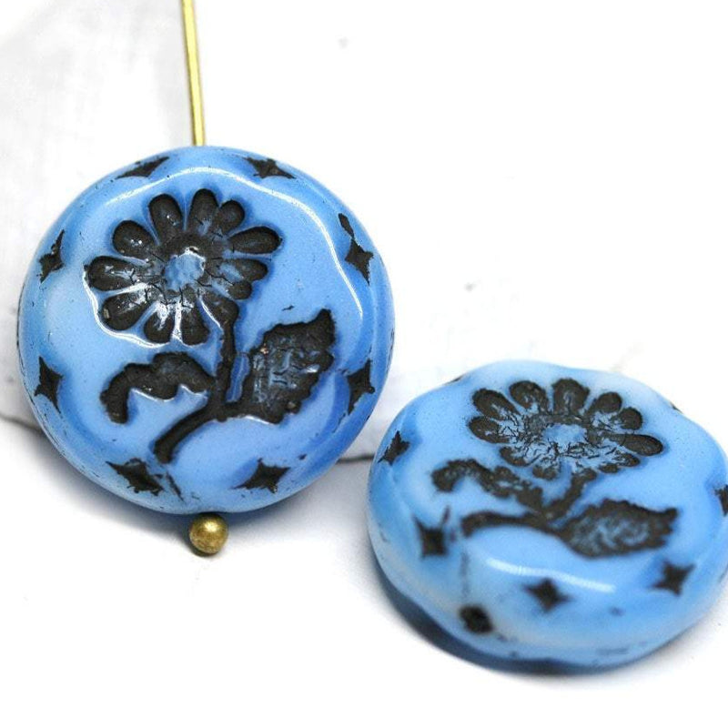 18mm Blue Flower Czech glass beads,  floral ornament - 2pc