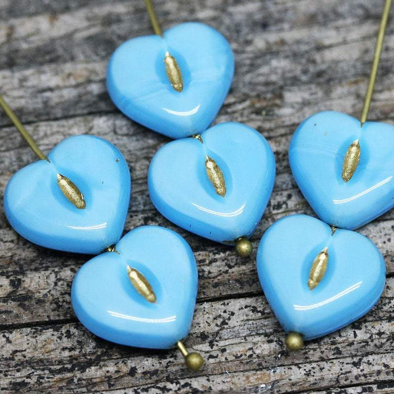 14mm Sky Blue Heart, Czech glass beads, Gold Inlays - 6pc