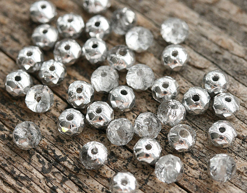 3x5mm Silver coated czech glass beads, silver and crystal spacers - 40Pc