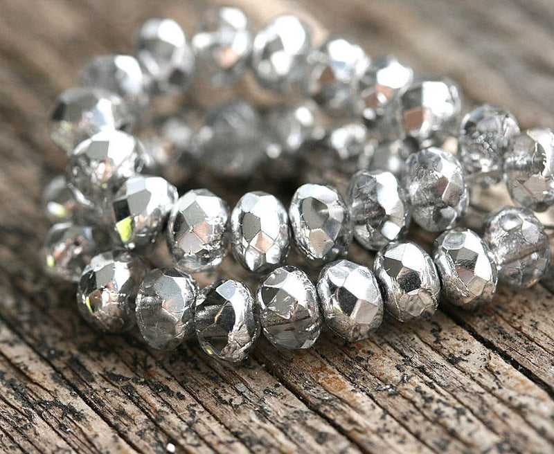 3x5mm Silver coated czech glass beads, silver and crystal spacers - 40Pc