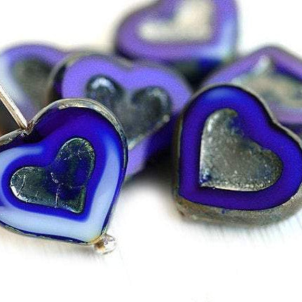14mm Dark Blue Heart, Picasso czech glass beads - 6Pc