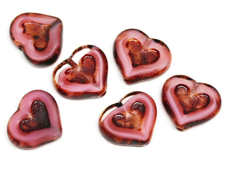 14mm Dark Pink Heart beads, Czech glass Picasso beads - 6Pc