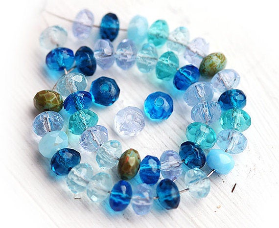 3x5mm Aqua blue czech glass beads mix, Picasso rondels - 40Pc