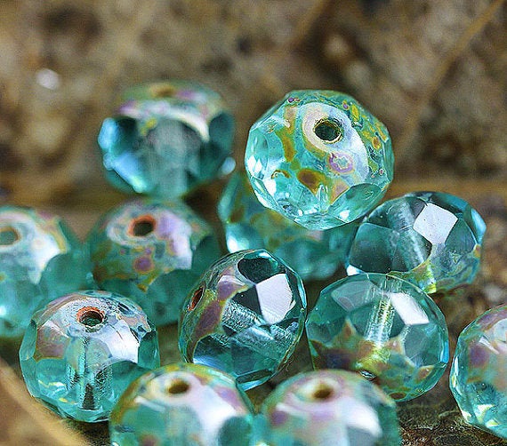 6x8mm Blue Green czech glass donut Picasso beads 12pc