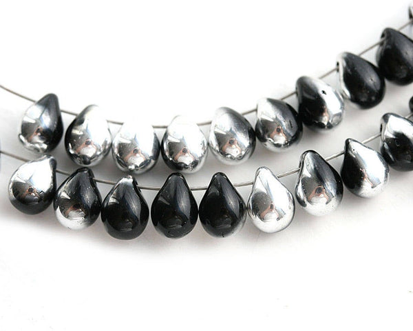 5x7mm Jet Black glass drops, czech teardrop beads - 50pc
