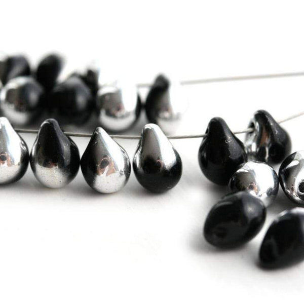 5x7mm Jet Black glass drops, czech teardrop beads - 50pc