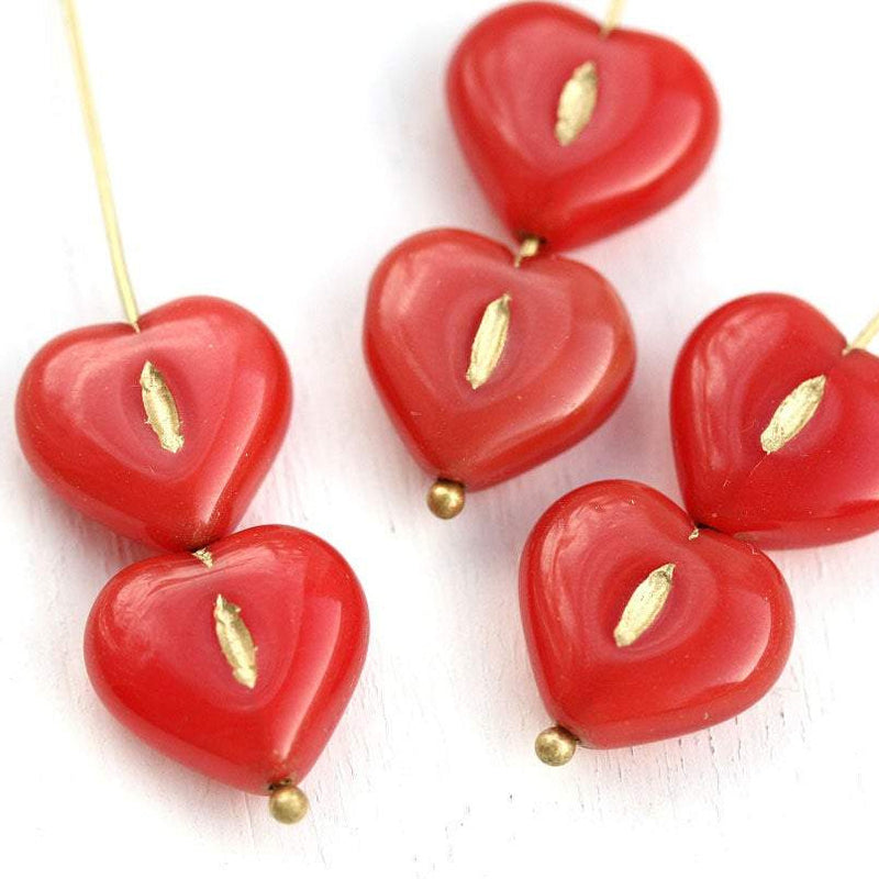 14mm Red puffy Heart glass pressed beads, Golden Inlays - 6pc