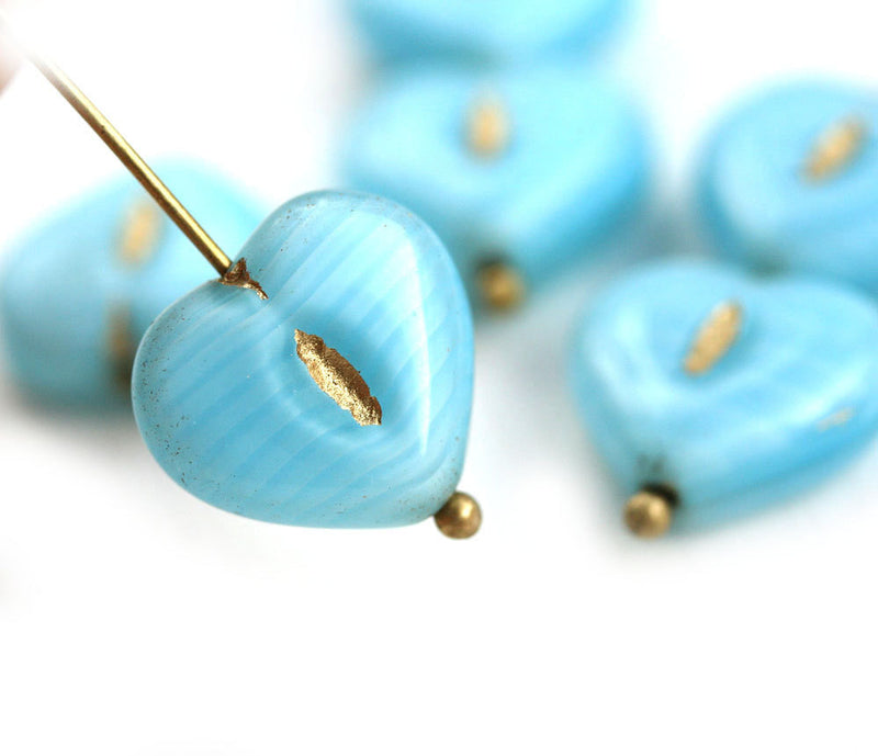 14mm Sky Blue Golden wash puffy Heart Czech glass beads - 6pc