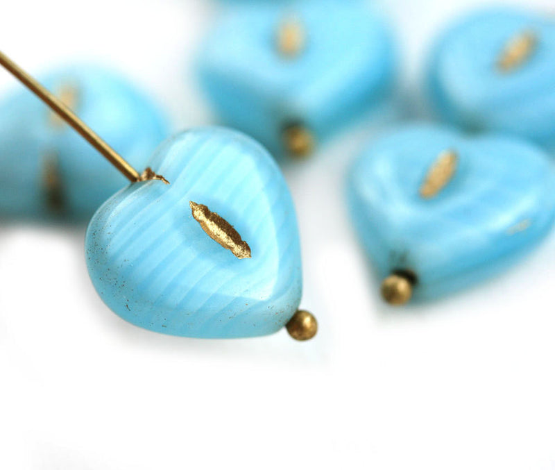 14mm Sky Blue Golden wash puffy Heart Czech glass beads - 6pc