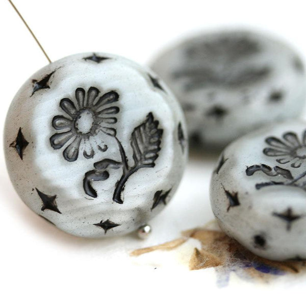 22mm Light Grey Flower Focal Czech glass bead Black Inlays - 1pc