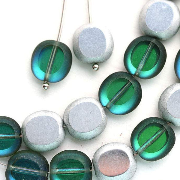 10x9mm Green and Silver czech glass beads, oval shape - 15Pc