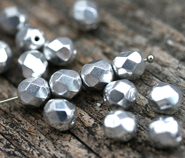 7mm Silver coated Czech glass Fire Polished faceted beads 15Pc